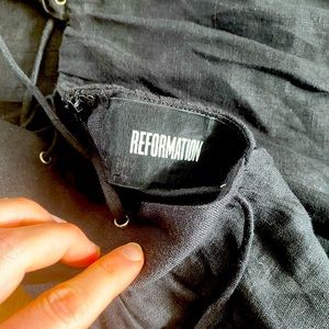 Black linen tie-back Reformation midi dress